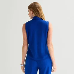 Black Label by Evan-Picone Womens Split Tie Neck Sleeveless Blouse