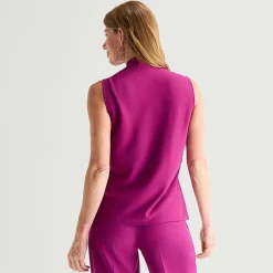 Black Label by Evan-Picone Womens Split Tie Neck Sleeveless Blouse