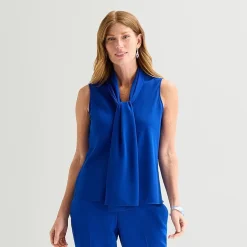 Black Label by Evan-Picone Womens Split Tie Neck Sleeveless Blouse