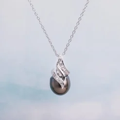 Black Tahitian Pearl & Diamond Accent Sterling Silver Pendant