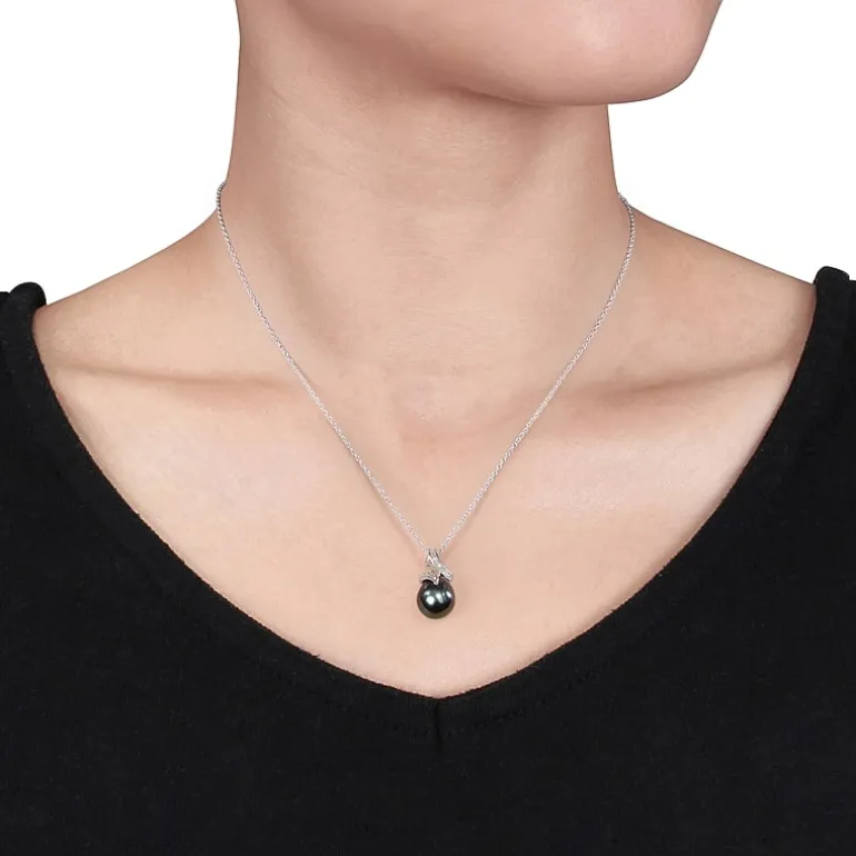 Black Tahitian Pearl & Diamond Accent Sterling Silver Pendant