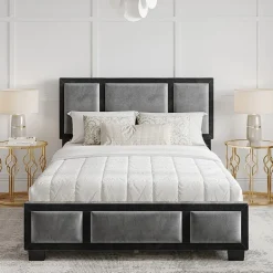 Boyd Sleep Triptych Upholstered Velvet Platform Bed Frame with Adjustable Headboard