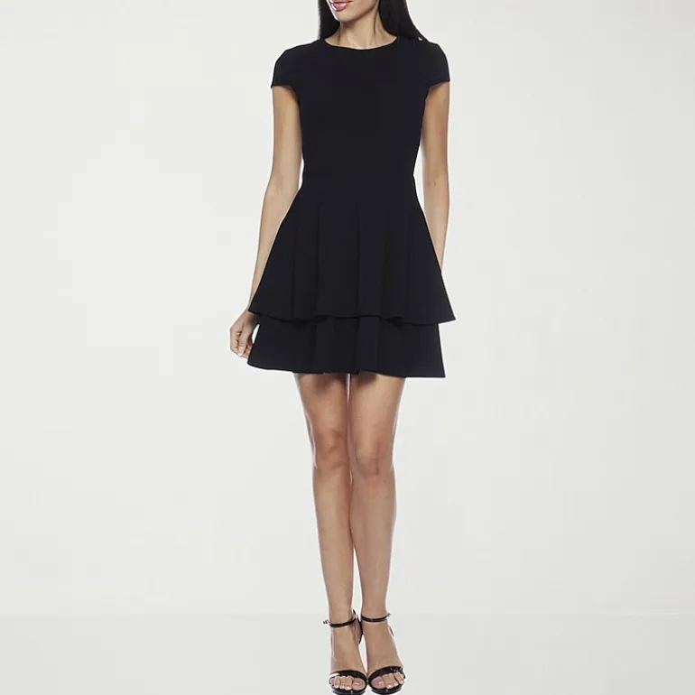 B. Smart Bow Back Womens Juniors Crew Neck Short Sleeve Cap Fit + Flare Dress