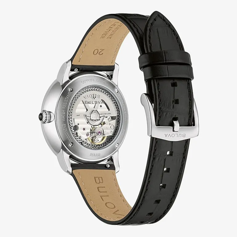Bulova Classic Bul Mens Automatic Black Leather Strap Watch 96a333
