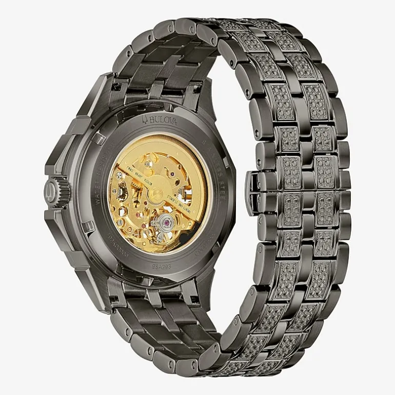 Bulova Crystal Mens Automatic Crystal Accent Gray Stainless Steel Bracelet Watch 98a293