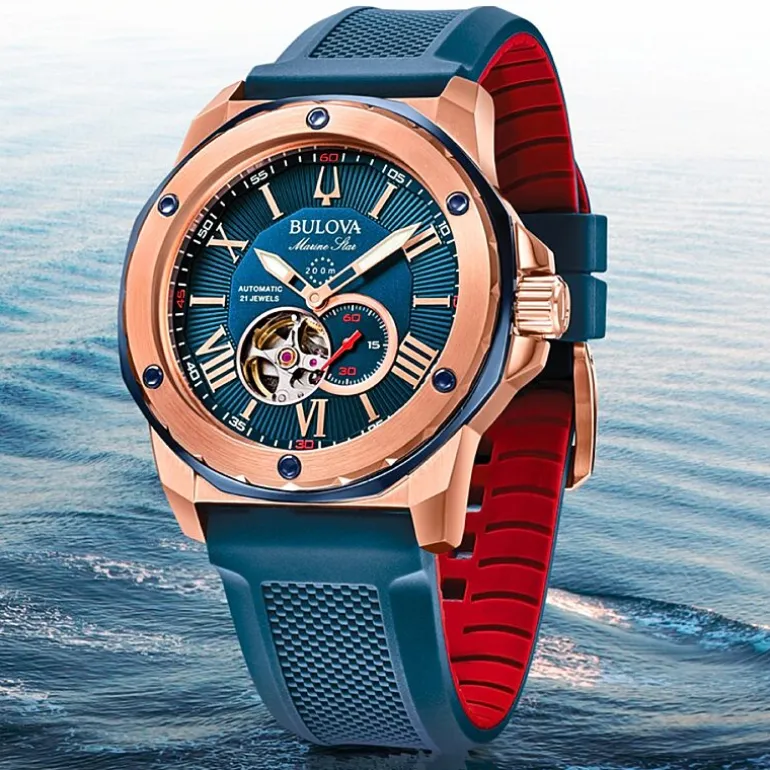Bulova Marine Star Mens Automatic Blue Strap Watch 98a227