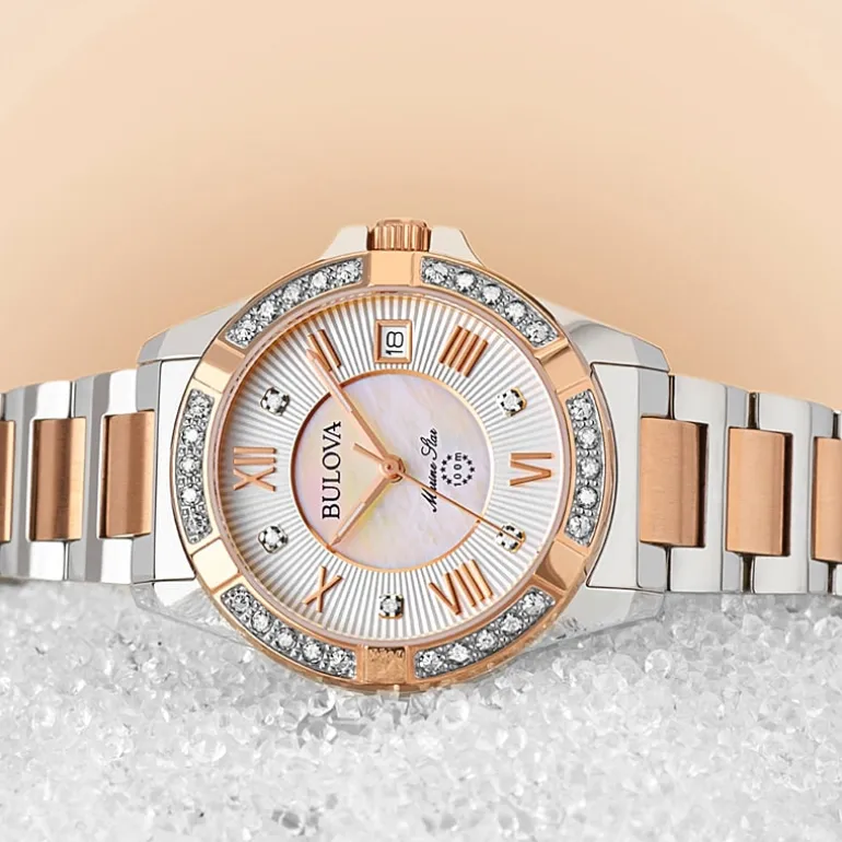 Bulova Marine Star Womens Diamond Accent Two Tone Bracelet Watch 98r234