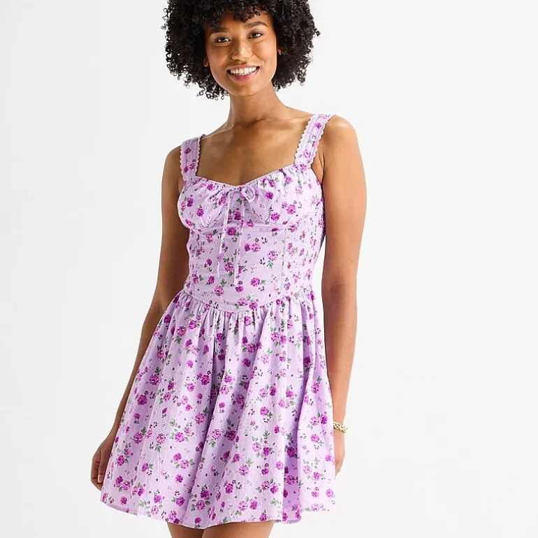 by&by Womens Juniors Sweetheart Neck Sleeveless Floral Fit + Flare Dress