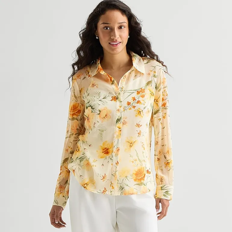 by&by Womens Juniors V Neck Cuffed Long Sleeve Regular Fit Button-Down Shirt