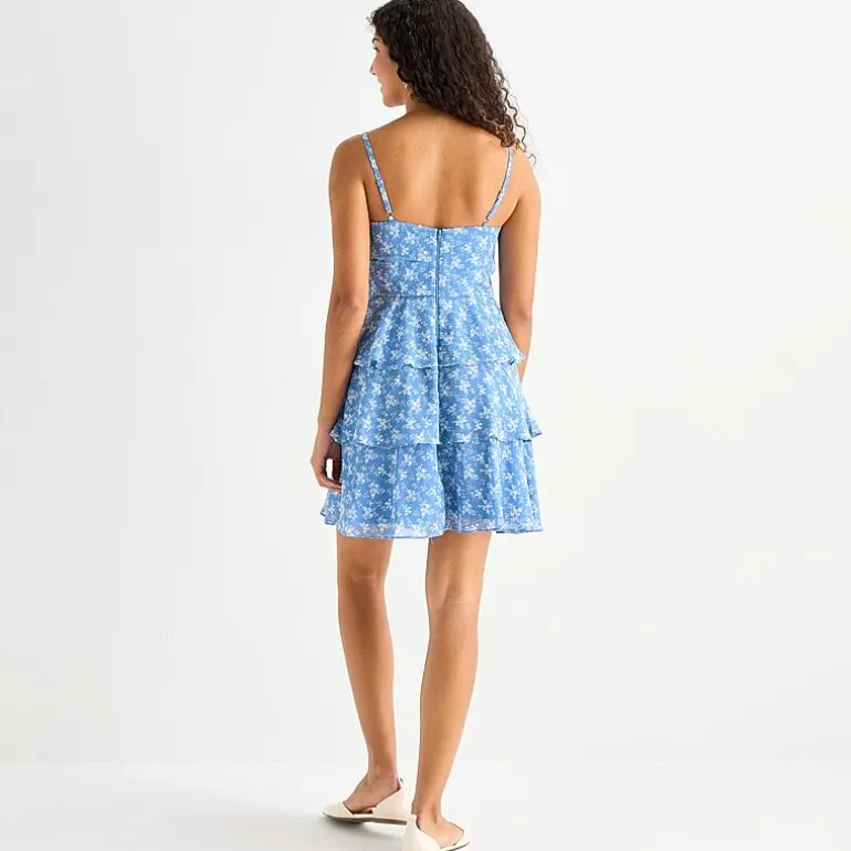 by&by Womens Juniors V Neck Short Sleeve Floral Fit + Flare Dress