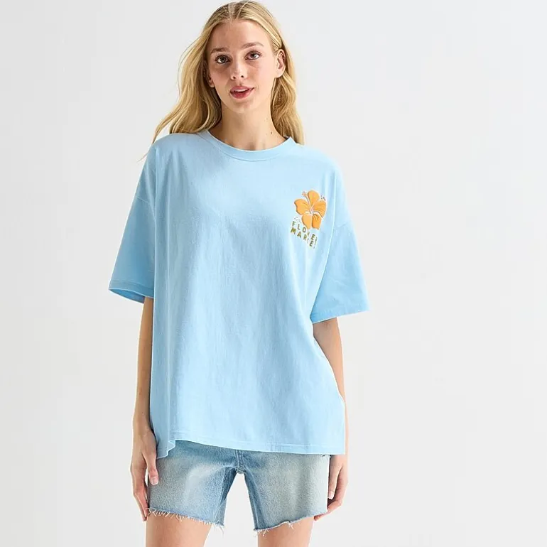 California Flower Market Oversized Tee Womens Juniors Crew Neck Short Sleeve Regular Fit Graphic T-Shirt