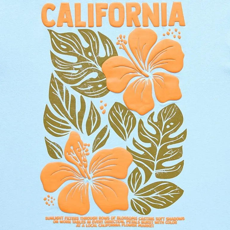 California Flower Market Oversized Tee Womens Juniors Crew Neck Short Sleeve Regular Fit Graphic T-Shirt