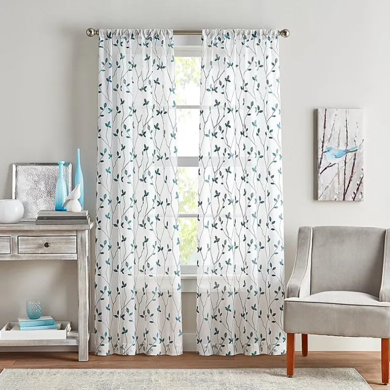 CHF Botanical Embroidery Rod Pocket Embroidered Sheer Set of 2 Curtain Panel