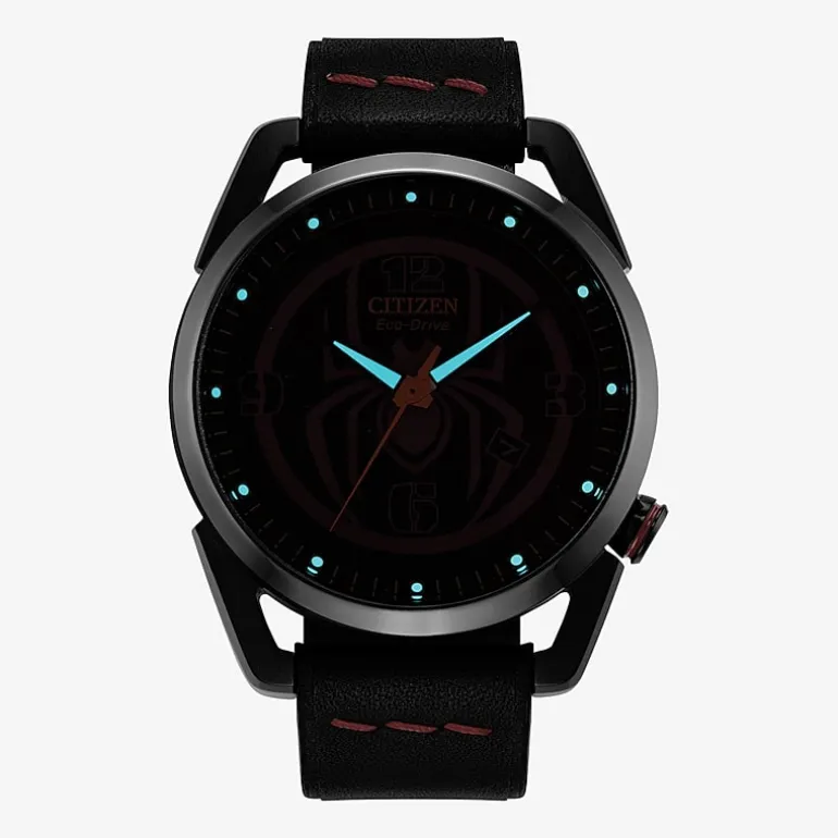 Citizen Spiderman Mens Black Leather Strap Watch Aw1685-00w