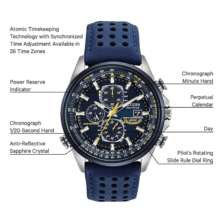 Citizen World Chronograph A-T Mens Chronograph Multi-Function Atomic Time Blue Leather Strap Watch At8020-03l