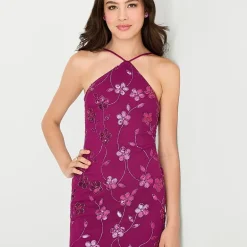 City Triangle Womens Juniors Halter Neck Sleeveless Embellished Embroidered Partially Lined Bodycon Dress