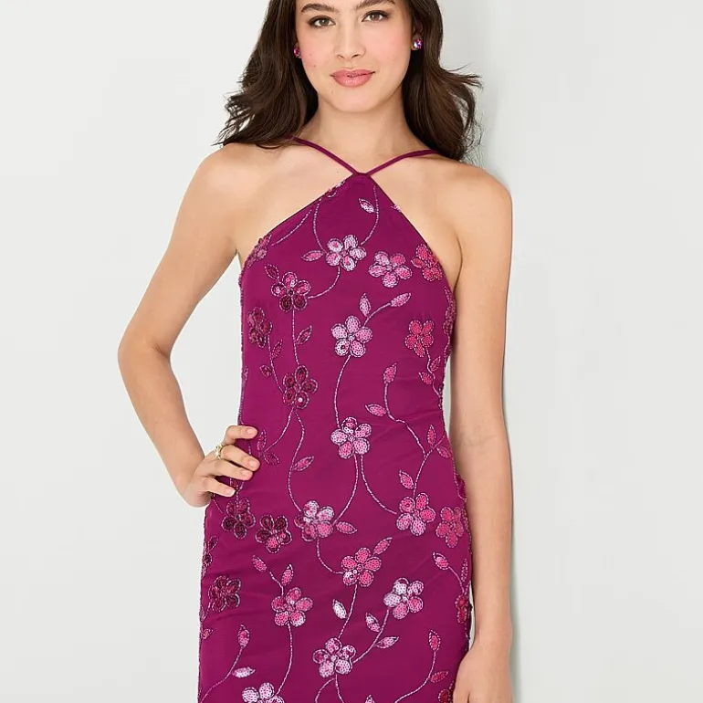 City Triangle Womens Juniors Halter Neck Sleeveless Embellished Embroidered Partially Lined Bodycon Dress
