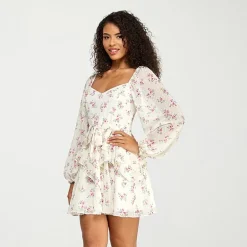 City Triangle Womens Juniors V Neck Long Sleeve Balloon Floral Fit + Flare Dress