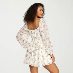 City Triangle Womens Juniors V Neck Long Sleeve Balloon Floral Fit + Flare Dress