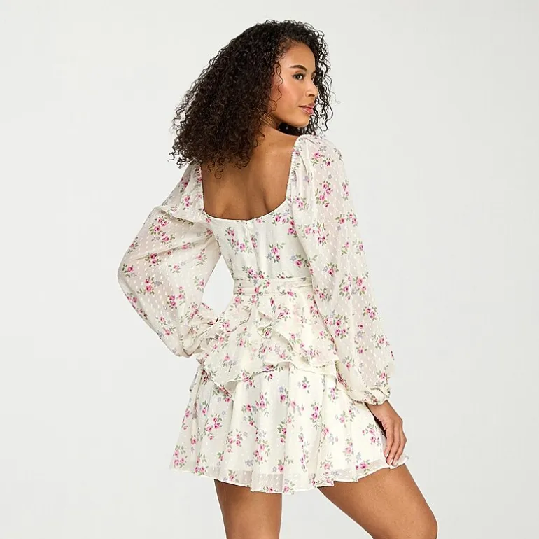 City Triangle Womens Juniors V Neck Long Sleeve Balloon Floral Fit + Flare Dress