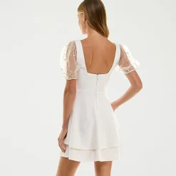 City Triangle Womens Juniors Square Neck Short Sleeve Puffed Pearl Trim Fit + Flare Dress