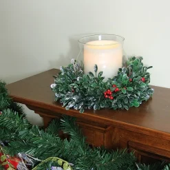 6'' Clear and Green Boxwood with Berry Tipped Christmas Hurricane Pillar Candle Holder