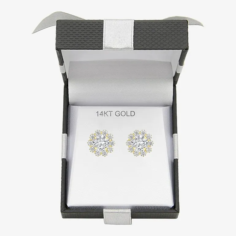 Cluster Flower Cubic Zirconia Stud Earrings 14K Gold