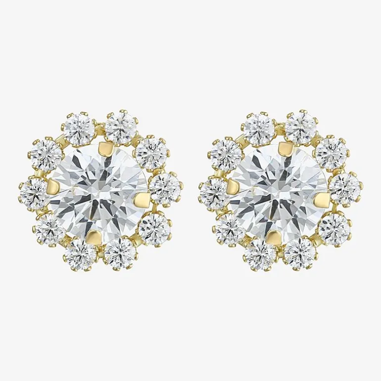 Cluster Flower Cubic Zirconia Stud Earrings 14K Gold