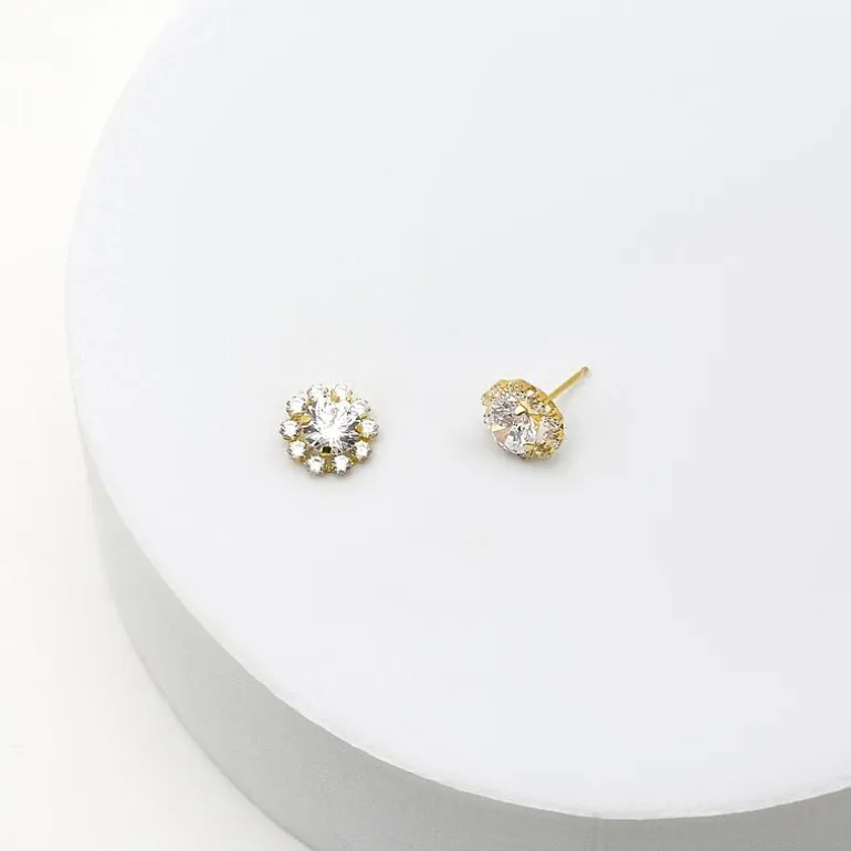 Cluster Flower Cubic Zirconia Stud Earrings 14K Gold