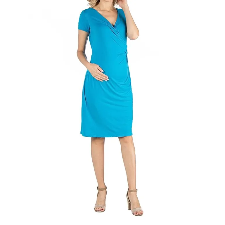24/7 Comfort Apparel Faux Wrapover Dress with Cap Sleeves