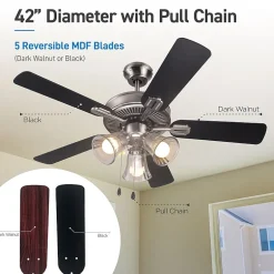 Commercial Cool 42” Contemporary Ceiling Fan With Lights Cools Up To 175 Sq Ft With Dual Chain/Reversible Blades