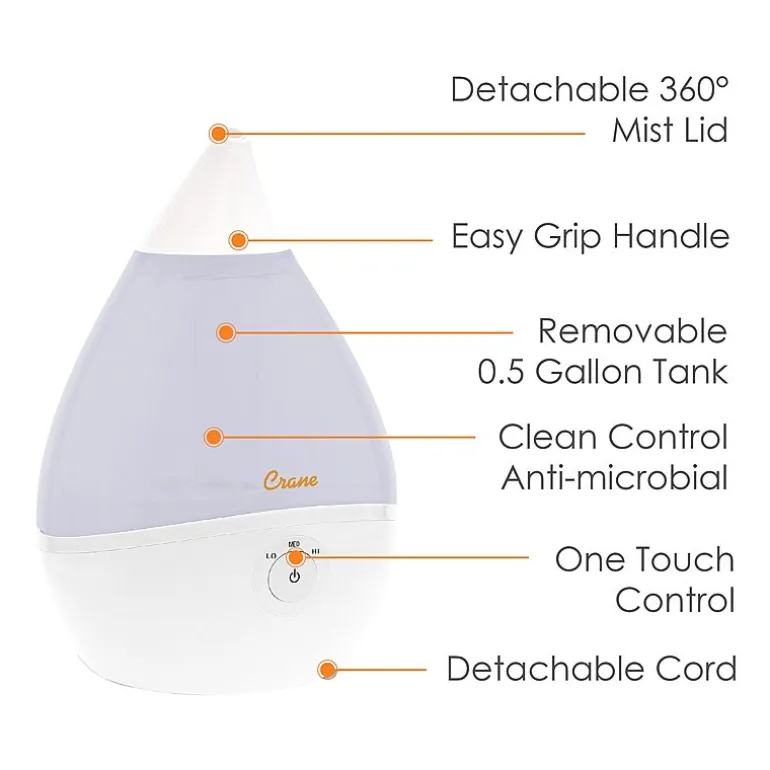 Crane Droplet 0.5 Gallon Ultrasonic Cool Mist Humidifier - White
