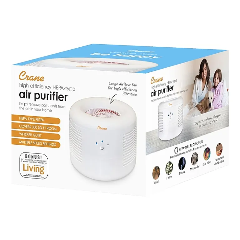Crane HEPA Air Purifier , 300 Sq Ft. Coverage, Compact