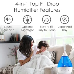 Crane 4-In-1 Top Fill 1 Gallon Cool Mist Humidifier with Sound Machine - Blue/White