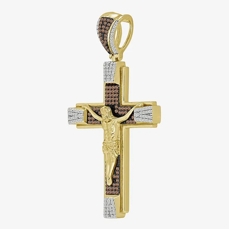 Crucifix (Brown / I3) Mens 1/2 CT. T.W. Natural Champagne Diamond 10K Gold Cross Pendant
