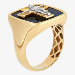 Crucifix Mens Genuine Black Onyx 10K Gold Cross Signet Ring