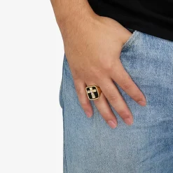 Crucifix Mens Genuine Black Onyx 10K Gold Cross Signet Ring