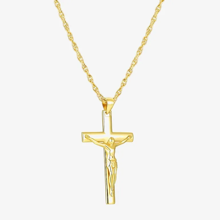 Crucifix Mens 24K Gold Over Silver Cross 24 Inch Pendant Necklace