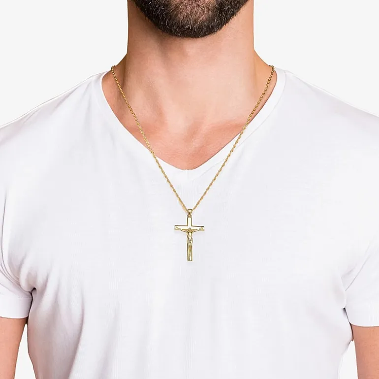 Crucifix Mens 24K Gold Over Silver Cross 24 Inch Pendant Necklace