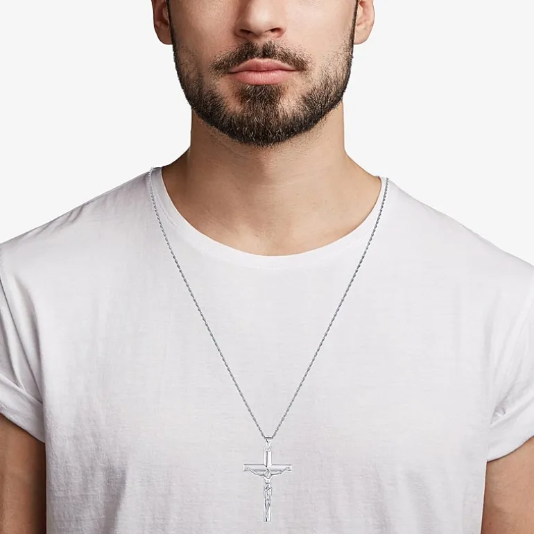 Crucifix Mens Sterling Silver Cross 24 Inch Pendant Necklace