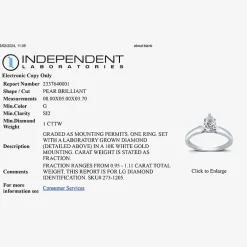 1 CT. Lab-Grown (G / SI2) Diamond Pear Solitaire Engagement Ring in 10K or 14K Gold