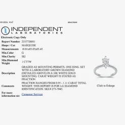 1 CT. Lab-Grown (G / SI1-SI2) Diamond Marquise-cut Solitaire Engagement Ring in 10K or 14K Gold