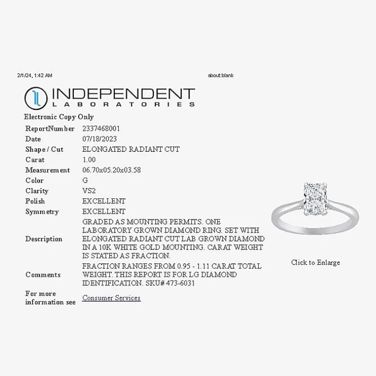 1 CT. Lab-Grown (G / VS2) Diamond Radiant-cut Solitaire Engagement Ring in 10K Gold