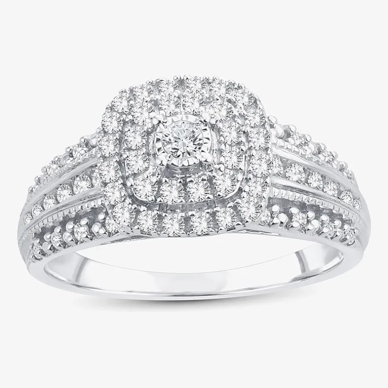 1/2 CT.T.W. Natural Diamond Cushion Shape Side Stone Halo Engagement Ring in 10K or 14K White Gold