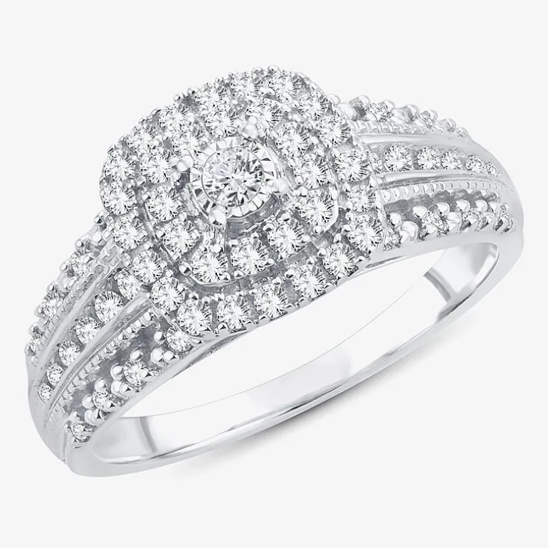1/2 CT.T.W. Natural Diamond Cushion Shape Side Stone Halo Engagement Ring in 10K or 14K White Gold