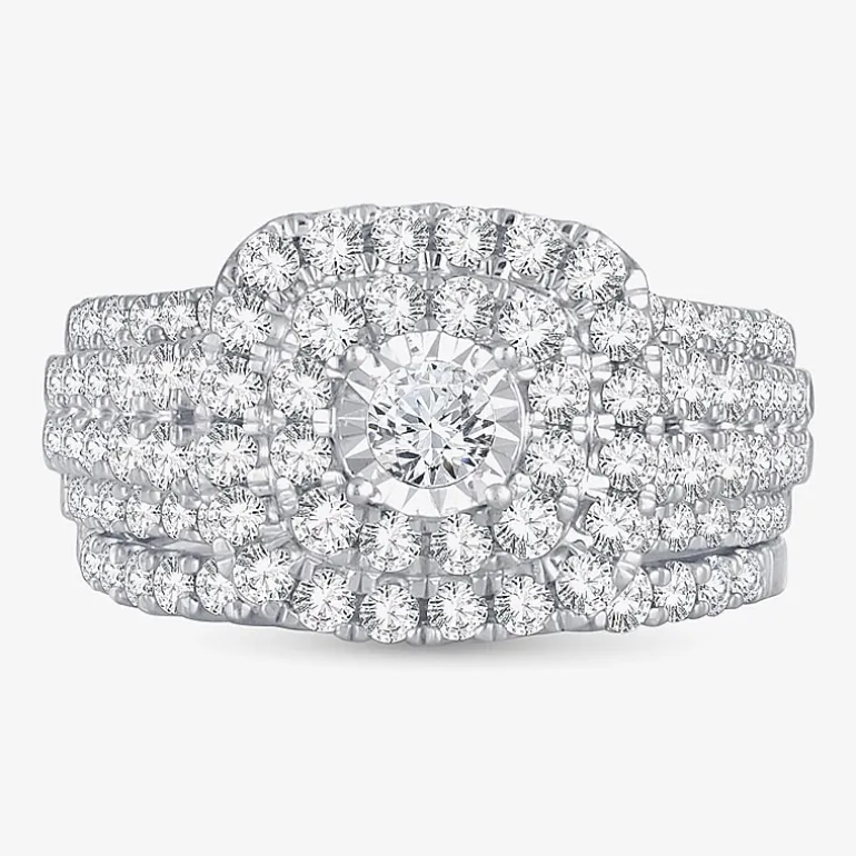 2 CT.T.W. Natural Diamond Cushion Shape Side Stone Halo Bridal Set in 10K or 14K White Gold