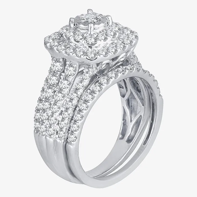 2 CT.T.W. Natural Diamond Cushion Shape Side Stone Halo Bridal Set in 10K or 14K White Gold