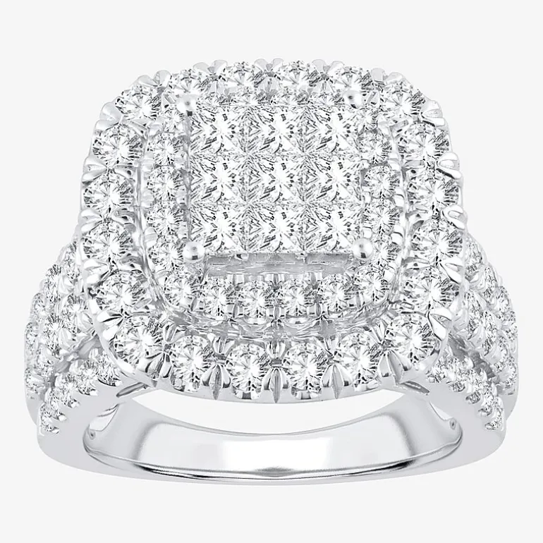 3 CT.T.W. Natural Diamond Cushion Shape Side Stone Halo Engagement Ring in 10K or 14K White Gold