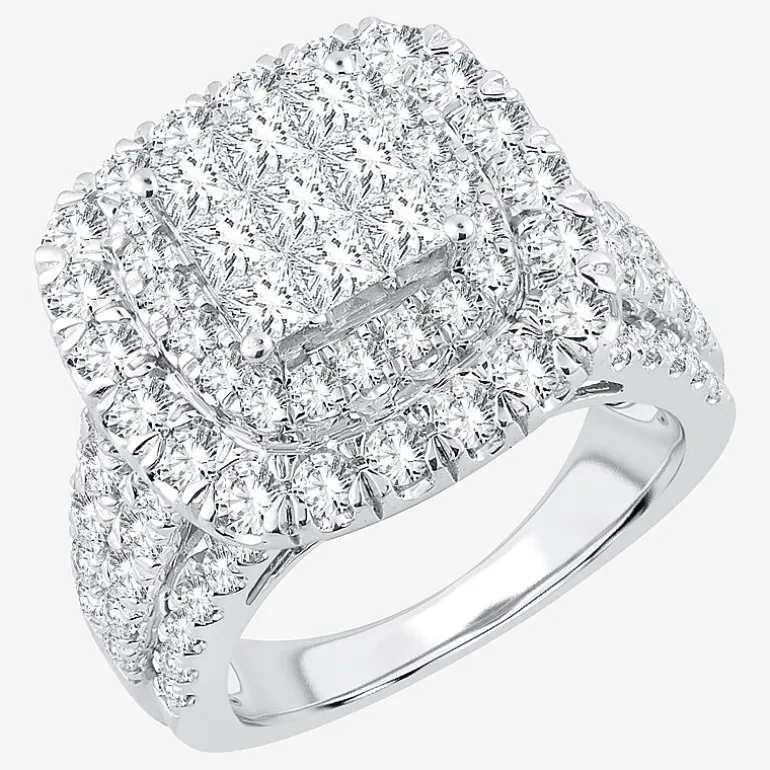 3 CT.T.W. Natural Diamond Cushion Shape Side Stone Halo Engagement Ring in 10K or 14K White Gold