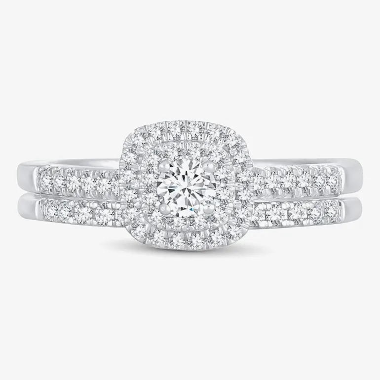 1/2 CT.T.W. Natural Diamond Halo Bridal Set 10K or 14K White Gold